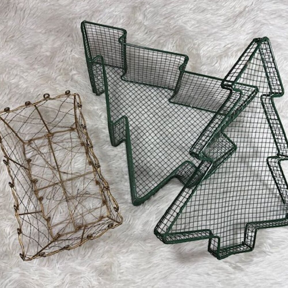 Vintage 3pc Metal Green Christmas Tree Basket & Lid + Gold Loop Top Basket Set